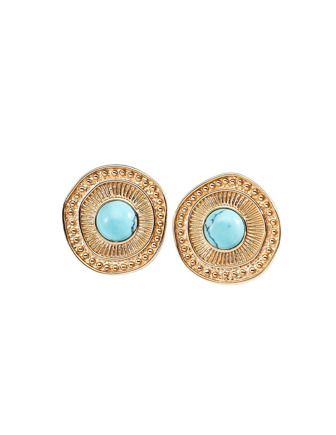 Pair of gold earrings with turquoise stones on a white background