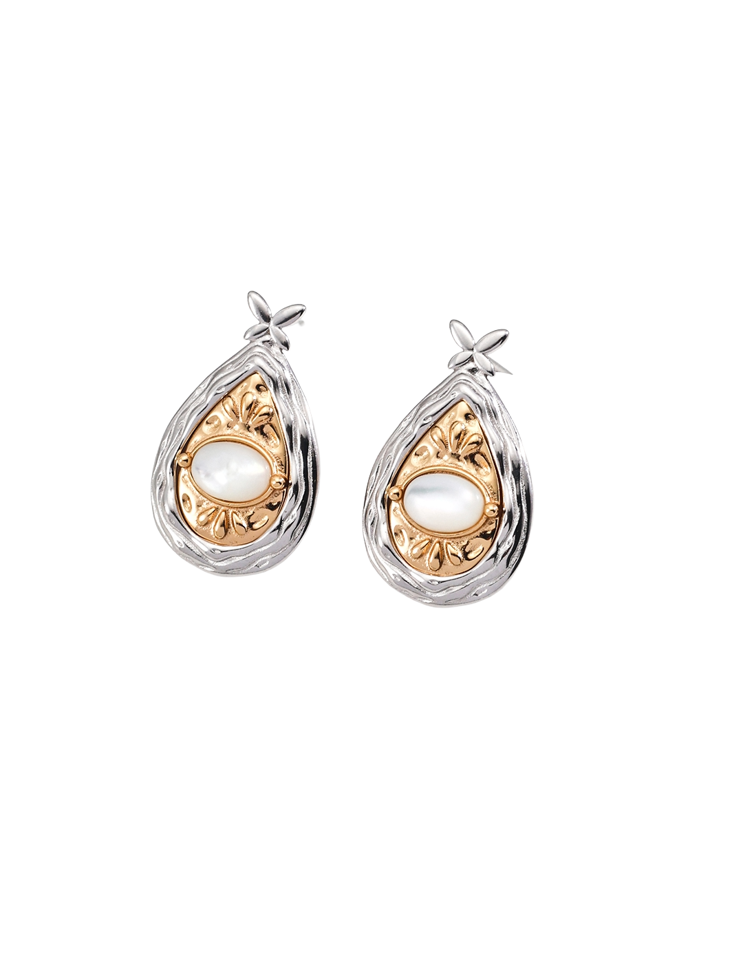 Pair of teardrop-shaped earrings with gold and silver design on a white background