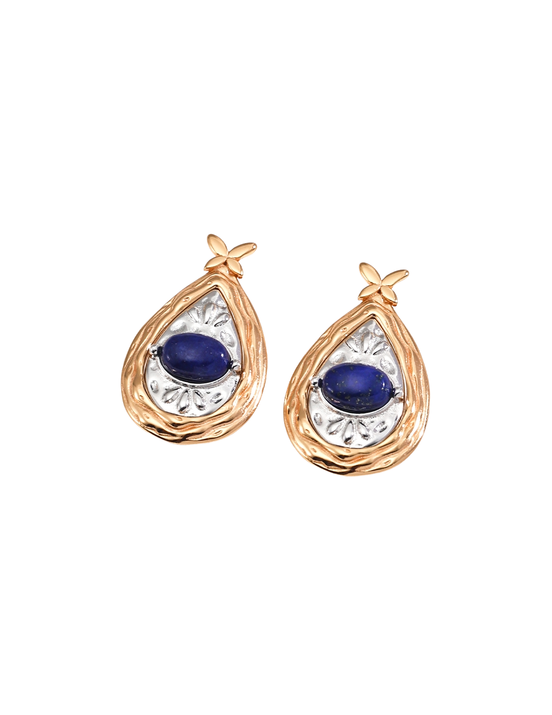 Pair of gold teardrop earrings with blue and clear gemstones on a white background